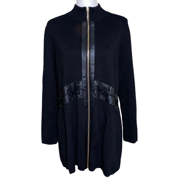 Women's Tunic Sweater Full Front Zip Faux Leather Lace Up Waist Detail Trim XL - Picture 12 of 12